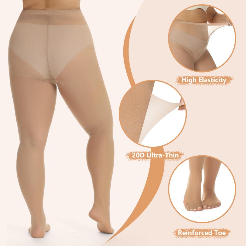 MANZI Women's Plus Size Pantyhose 4 Pairs Ultra Sheer Nylon Tights Natural Nude 3X - Image 4